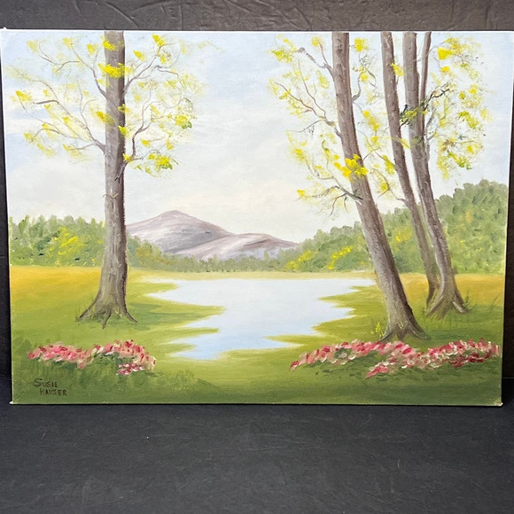 Handpainted Spring Landscape Painting 12x16  Canvas Signed Vtg Original - Picture 1 of 5